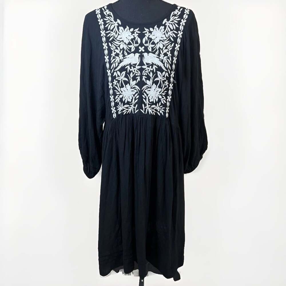 Knox Rose Black Embroidered Bird Floral Peasant Boho Midi Dress Women's Size XL